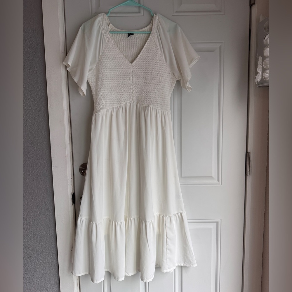 White V-Neck Smocked Midi Dress